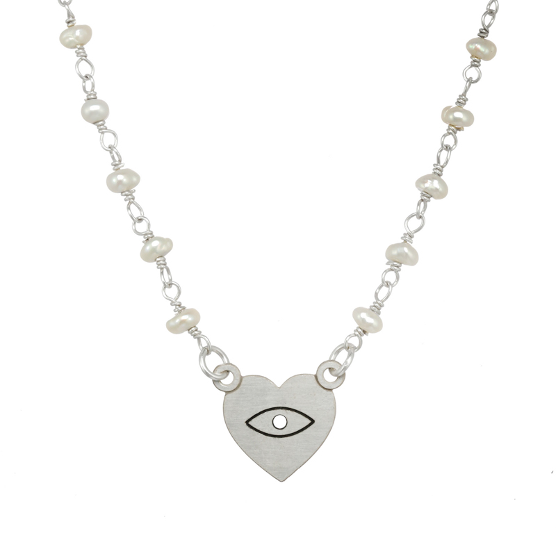 Silver Pearl Eye Heart Necklace